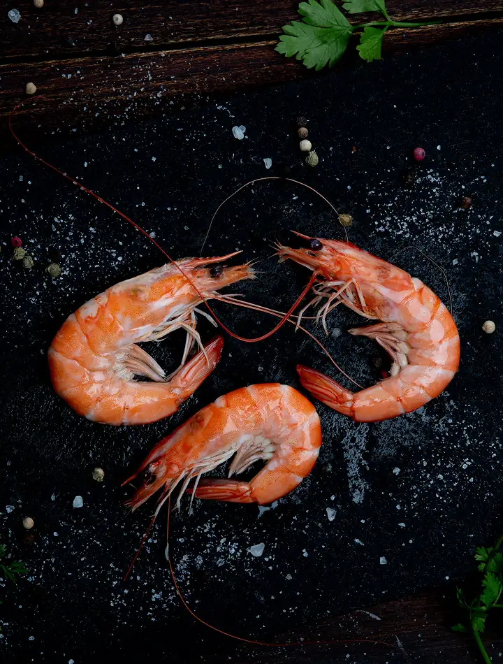 Head-on shell-on cooked shrimp on a dark plate
